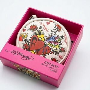 NIB Ed Hardy Tattoo Art Round Coin Purse Wristlet Gift Box